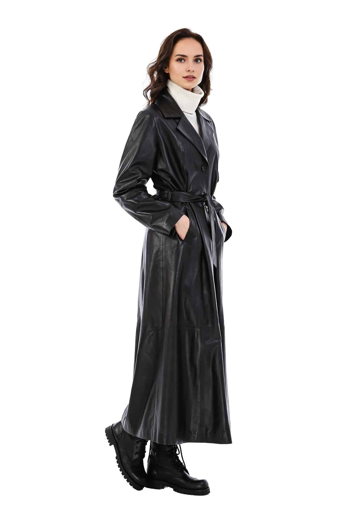 Jacqueline Black Long Trench Trending Leather Coat For Women
