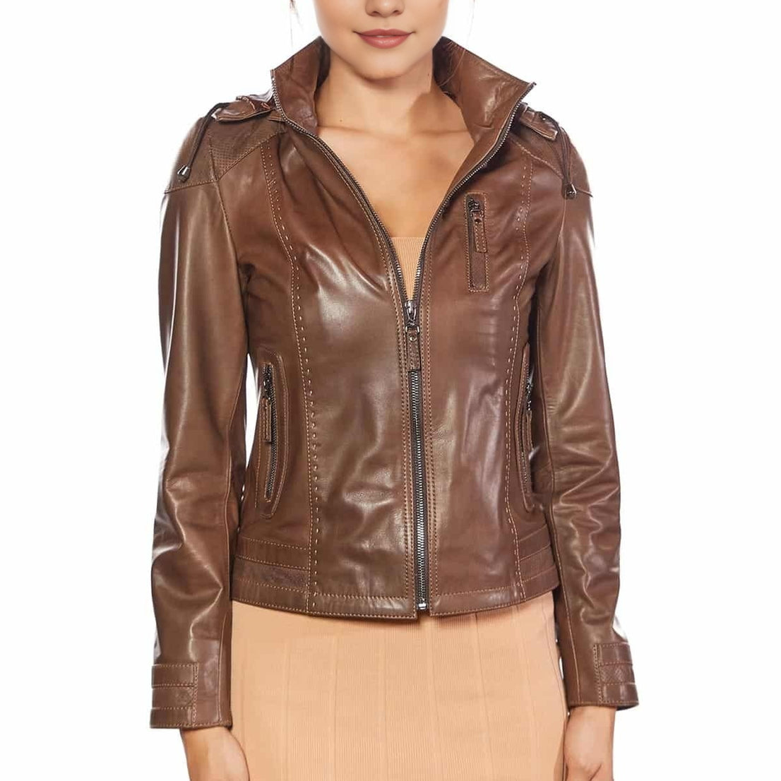 Medison Brown Hoodie Leather Jacket For Women