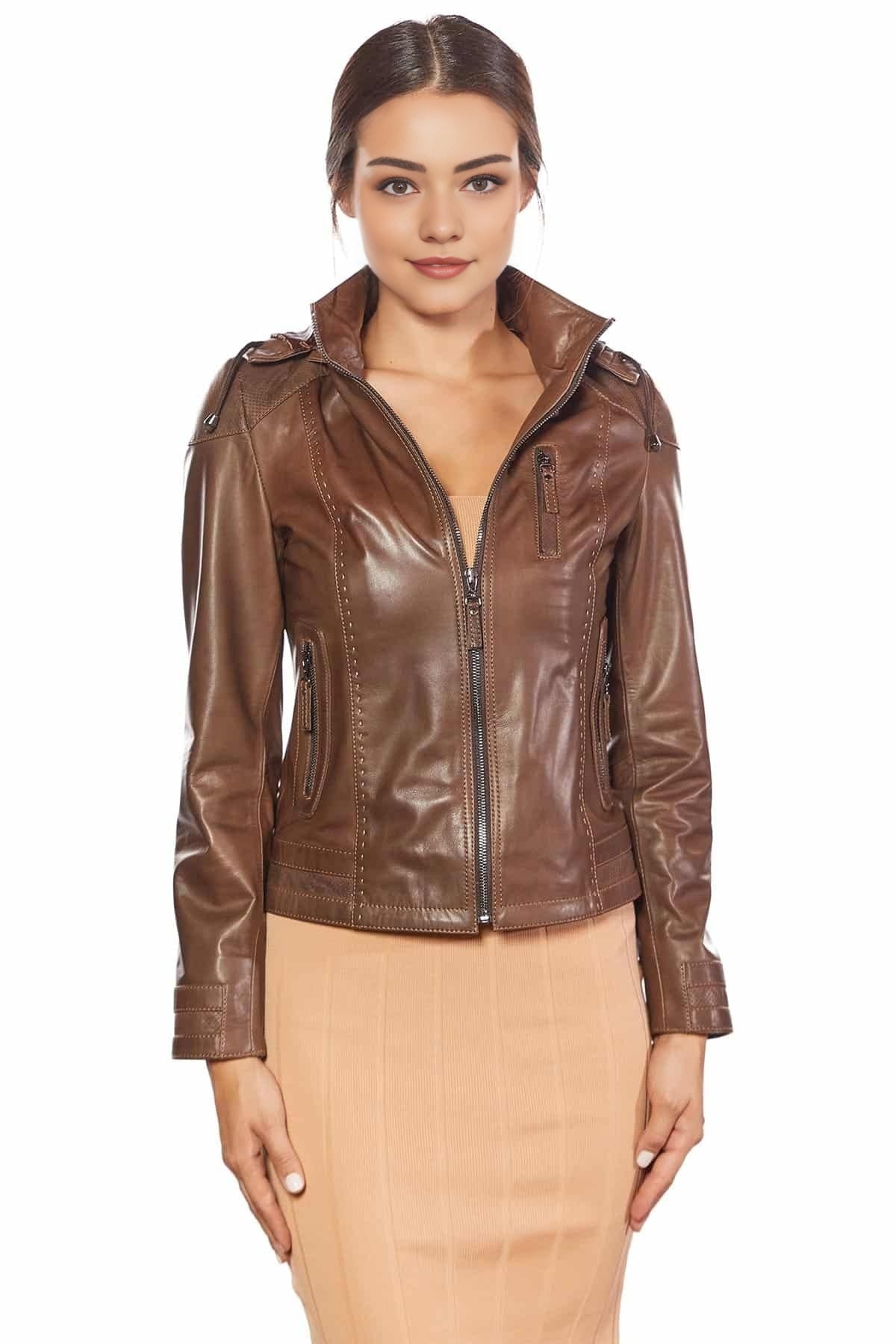 Medison Brown Hoodie Leather Jacket For Women
