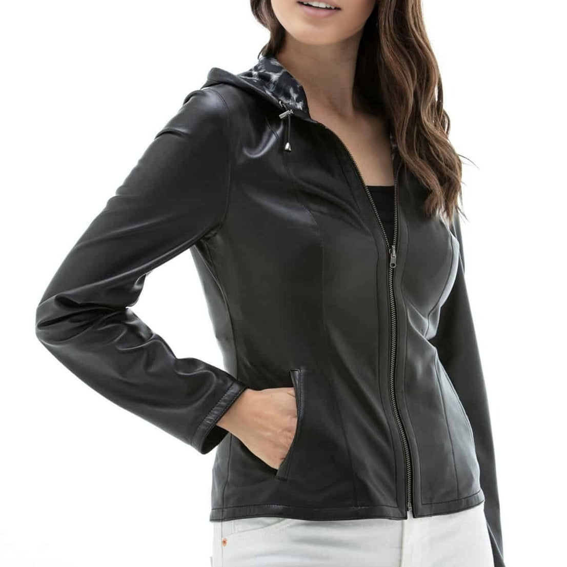 Emerson Black Double Sided Leather Jacket With Hood For Women