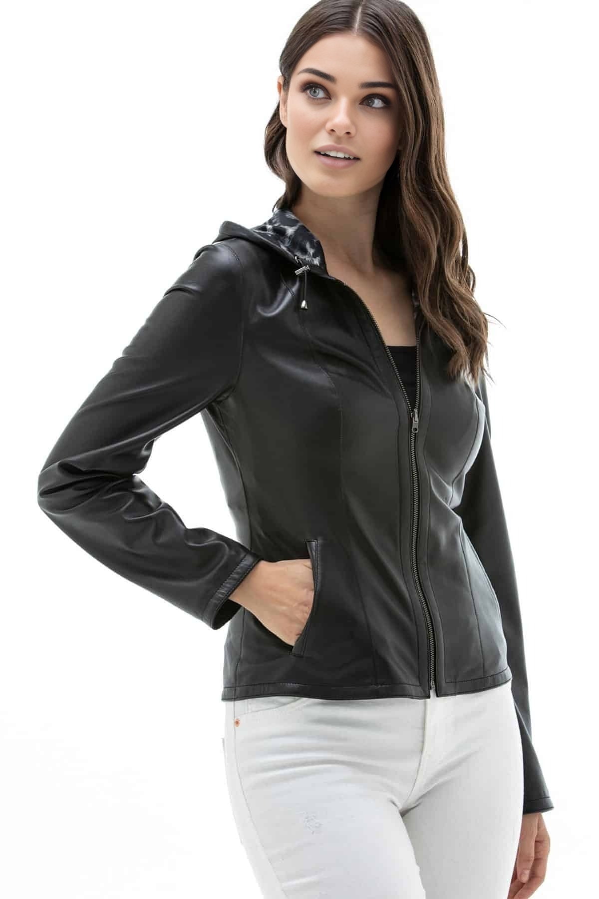 Emerson Black Double Sided Leather Jacket With Hood For Women