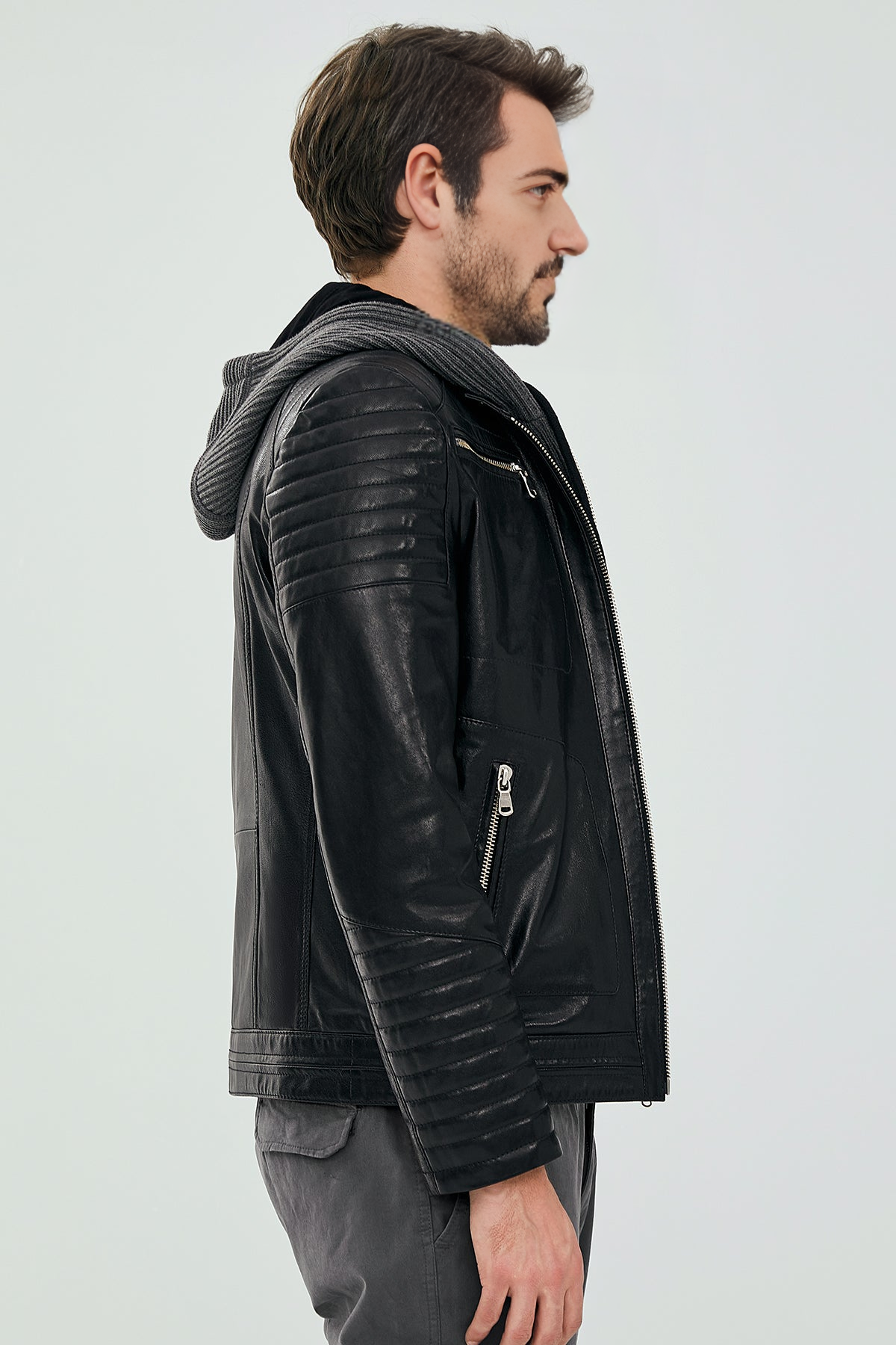 Carlos Black Hooded Sport Leather Jacket For Men