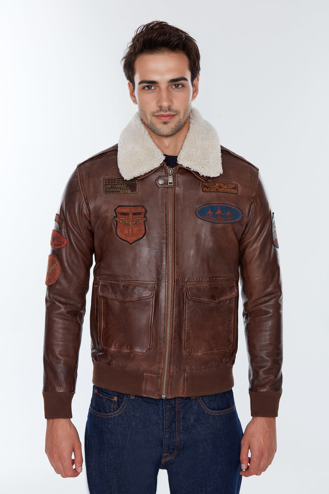 Maverick Brown Fur Collar Pilot Leather Jacket with Emblem For Men