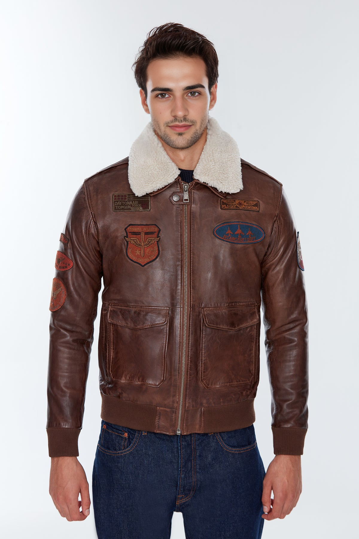 Maverick Brown Fur Collar Pilot Leather Jacket with Emblem For Men