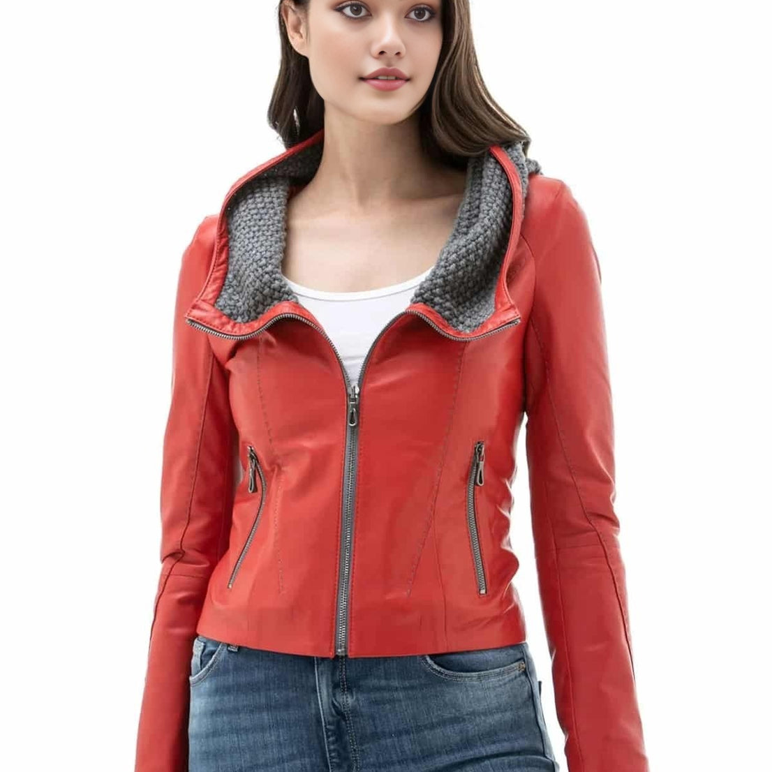 Milani Red Hooded Leather Jacket For Women