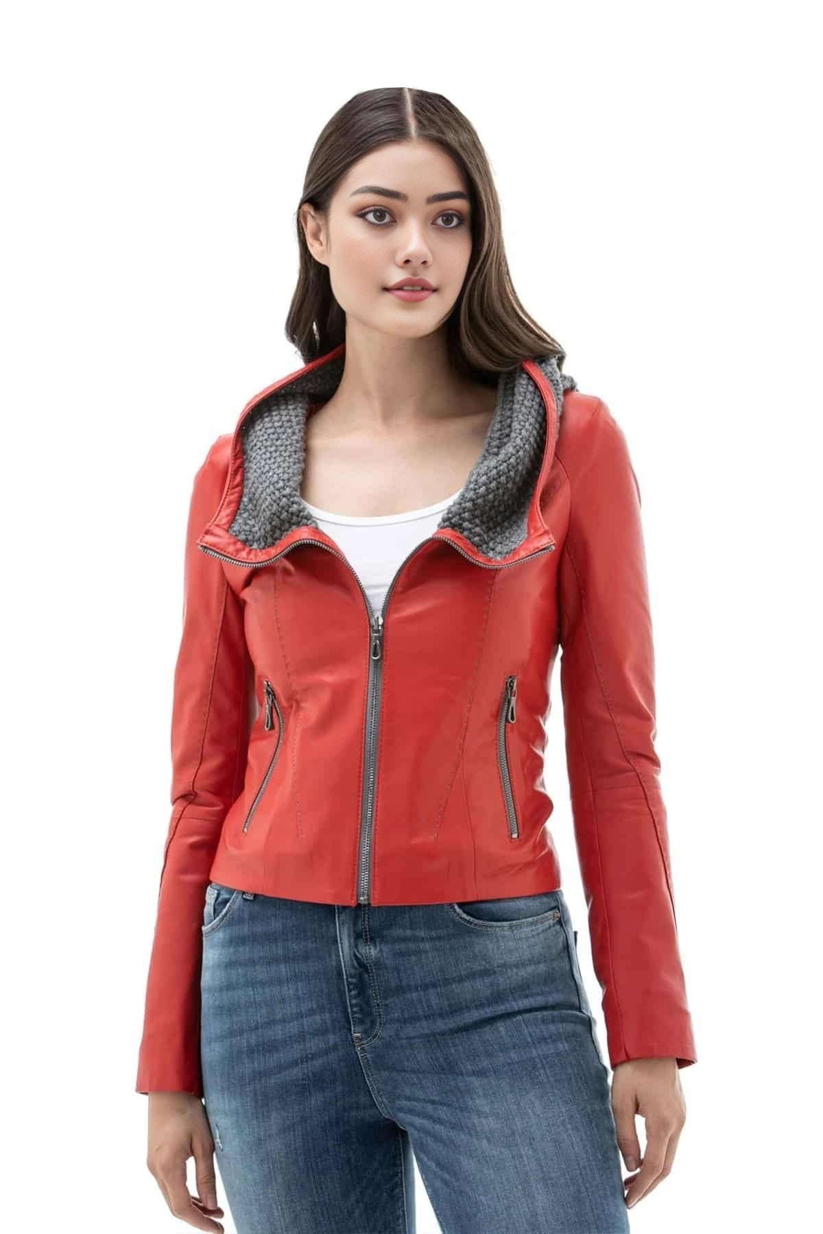 Milani Red Hooded Leather Jacket For Women