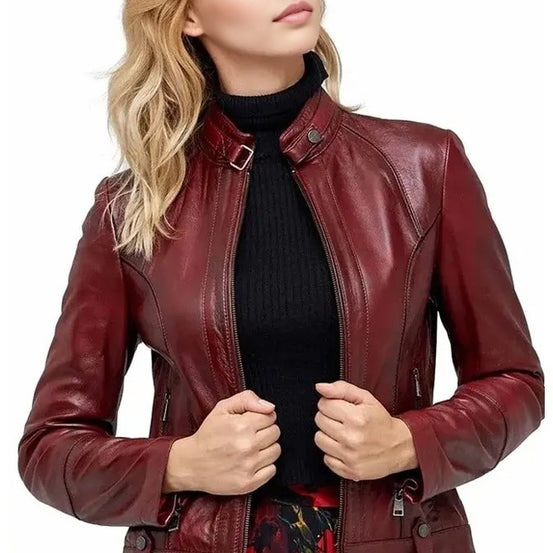 Kayla Dark Brown Biker Leather Jacket For Women