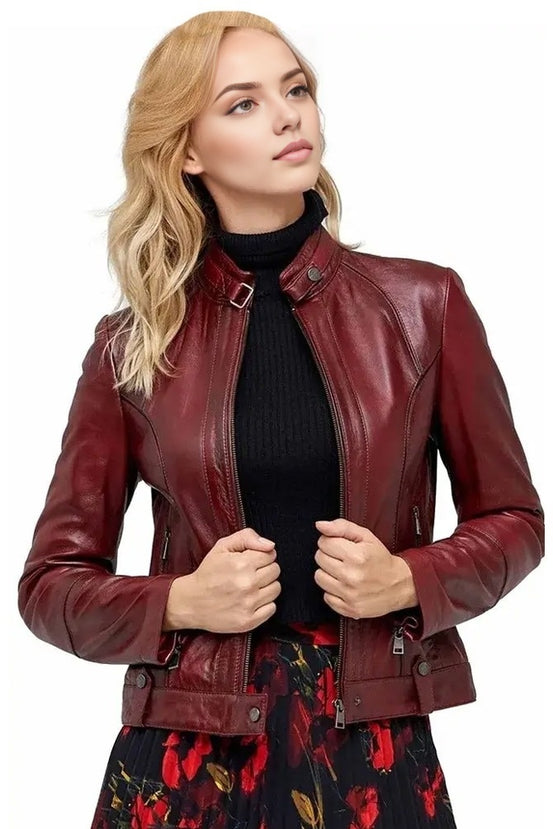Kayla Dark Brown Biker Leather Jacket For Women
