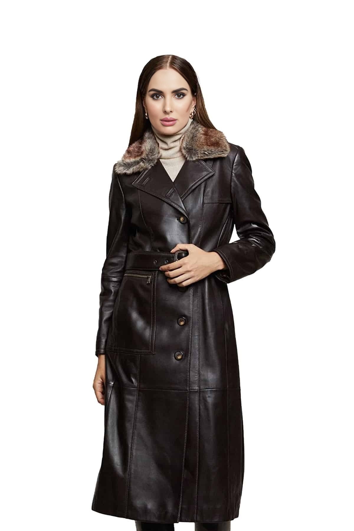 Reagan Dark Brown Full Length Leather Coat For Women