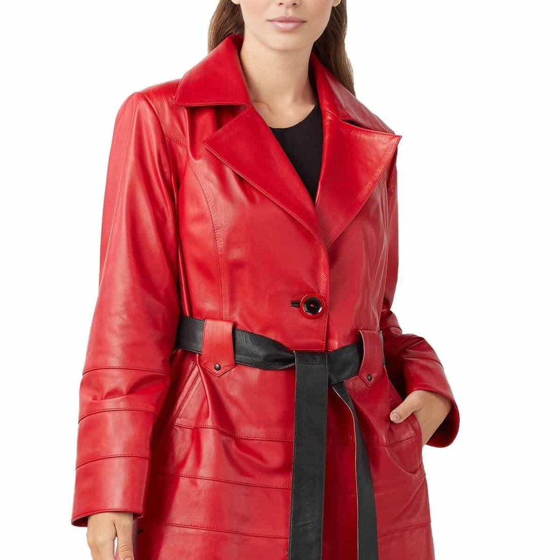 Avery red Trench Leather Coat With Center Belt For Women