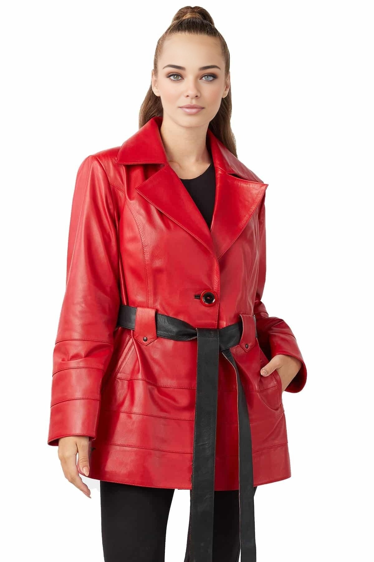 Avery red Trench Leather Coat With Center Belt For Women