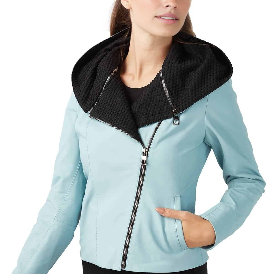 Aria Pastel Blue Leather Jacket For Women With Hoodie