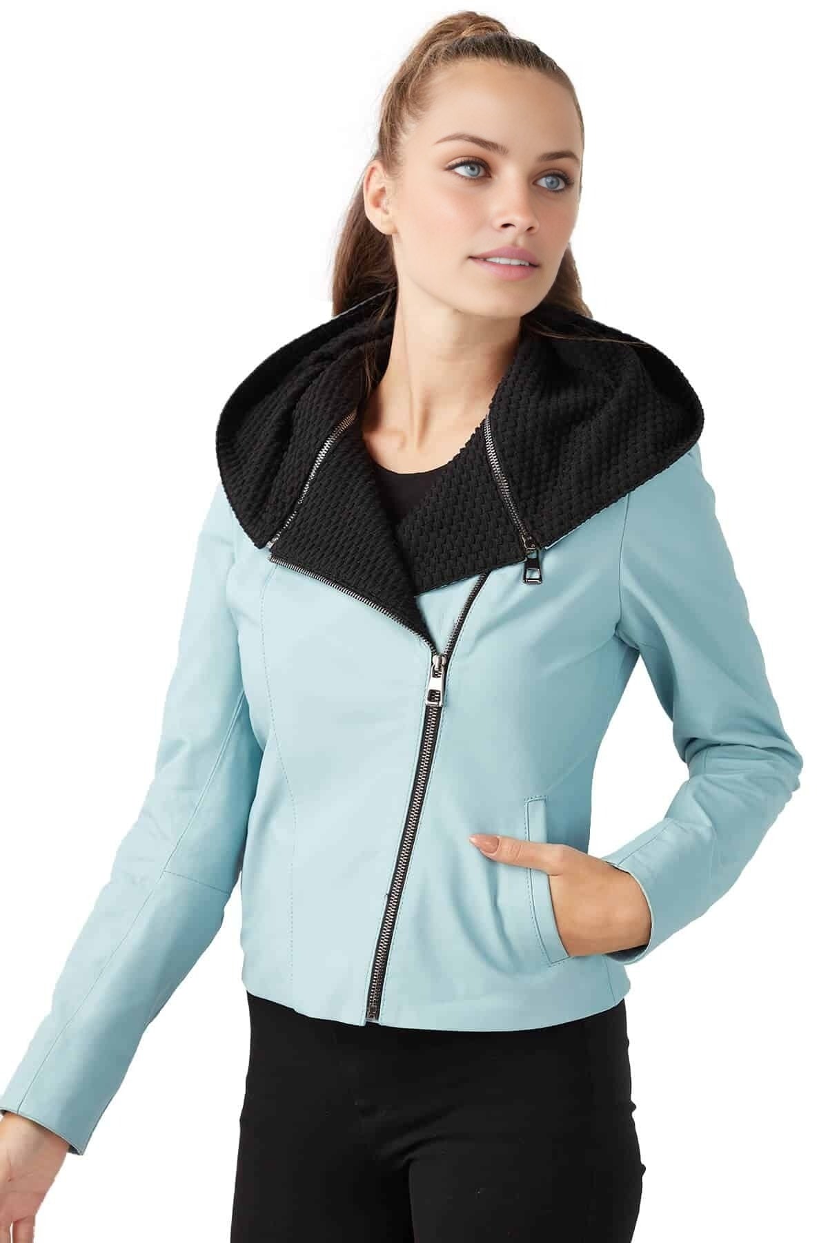 Aria Pastel Blue Leather Jacket For Women With Hoodie