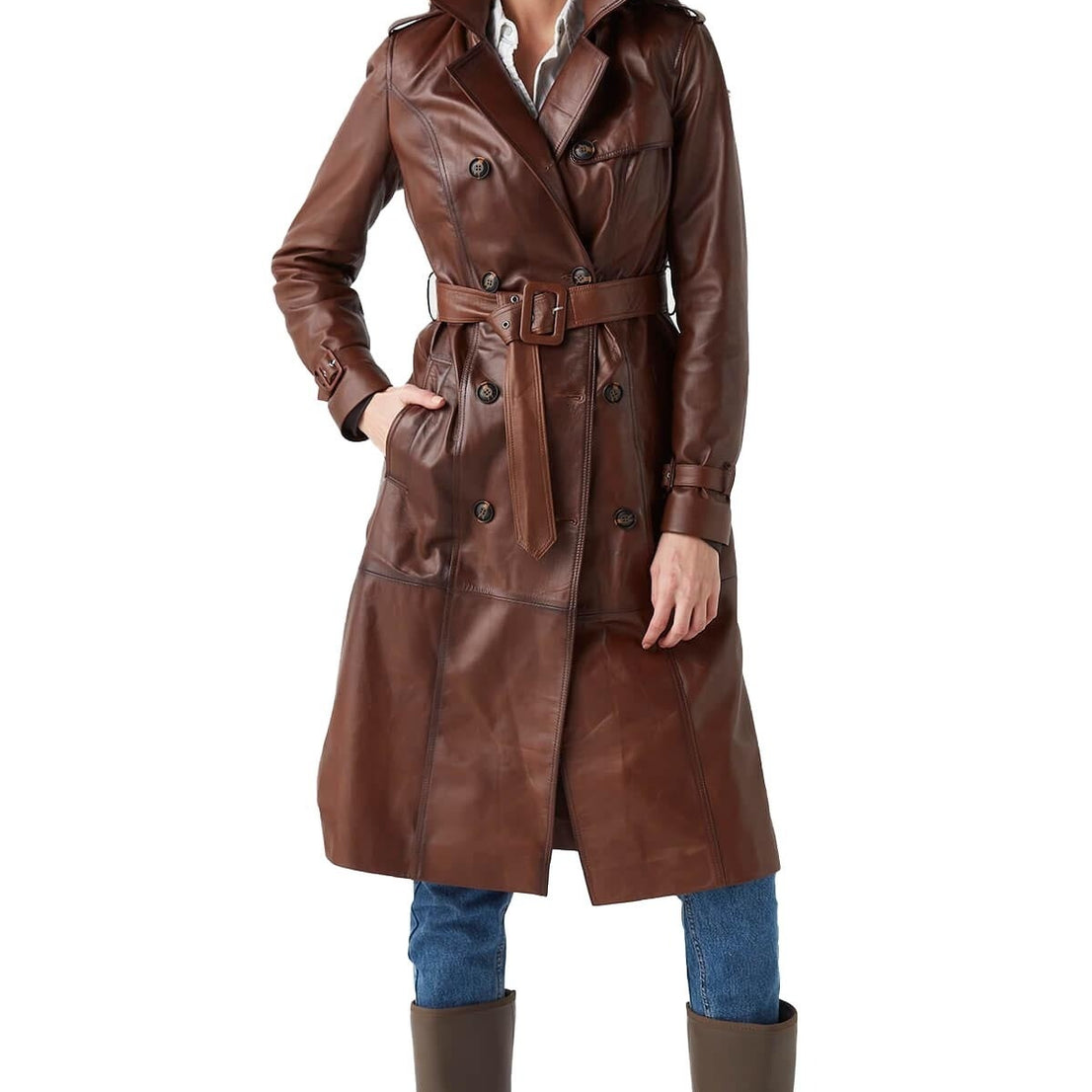 Nova Brown Leather Coat For Women With Center Belt