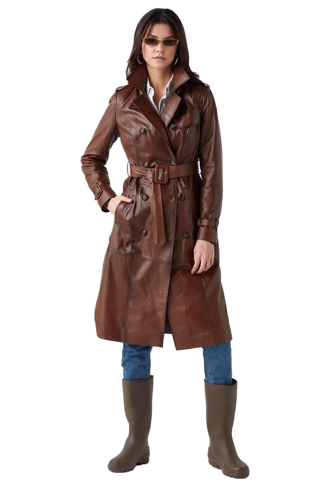 Nova Brown Leather Coat For Women With Center Belt