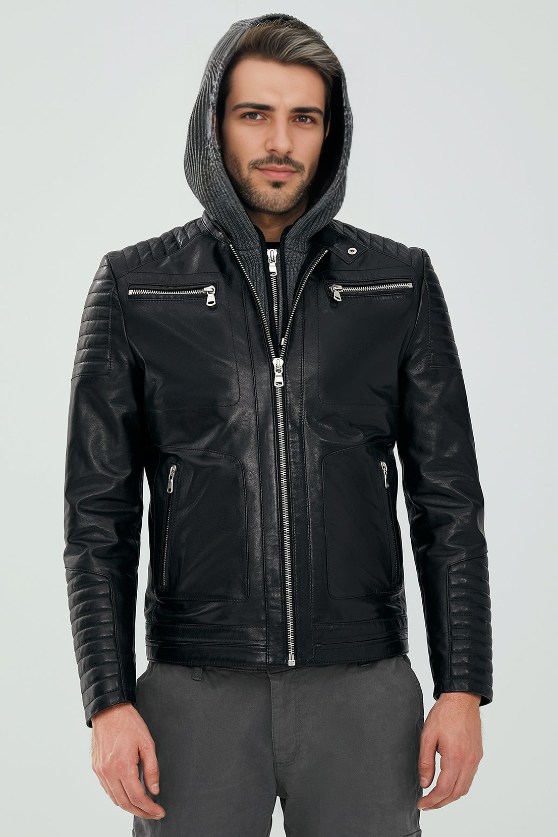 Carlos Black Hooded Sport Leather Jacket For Men