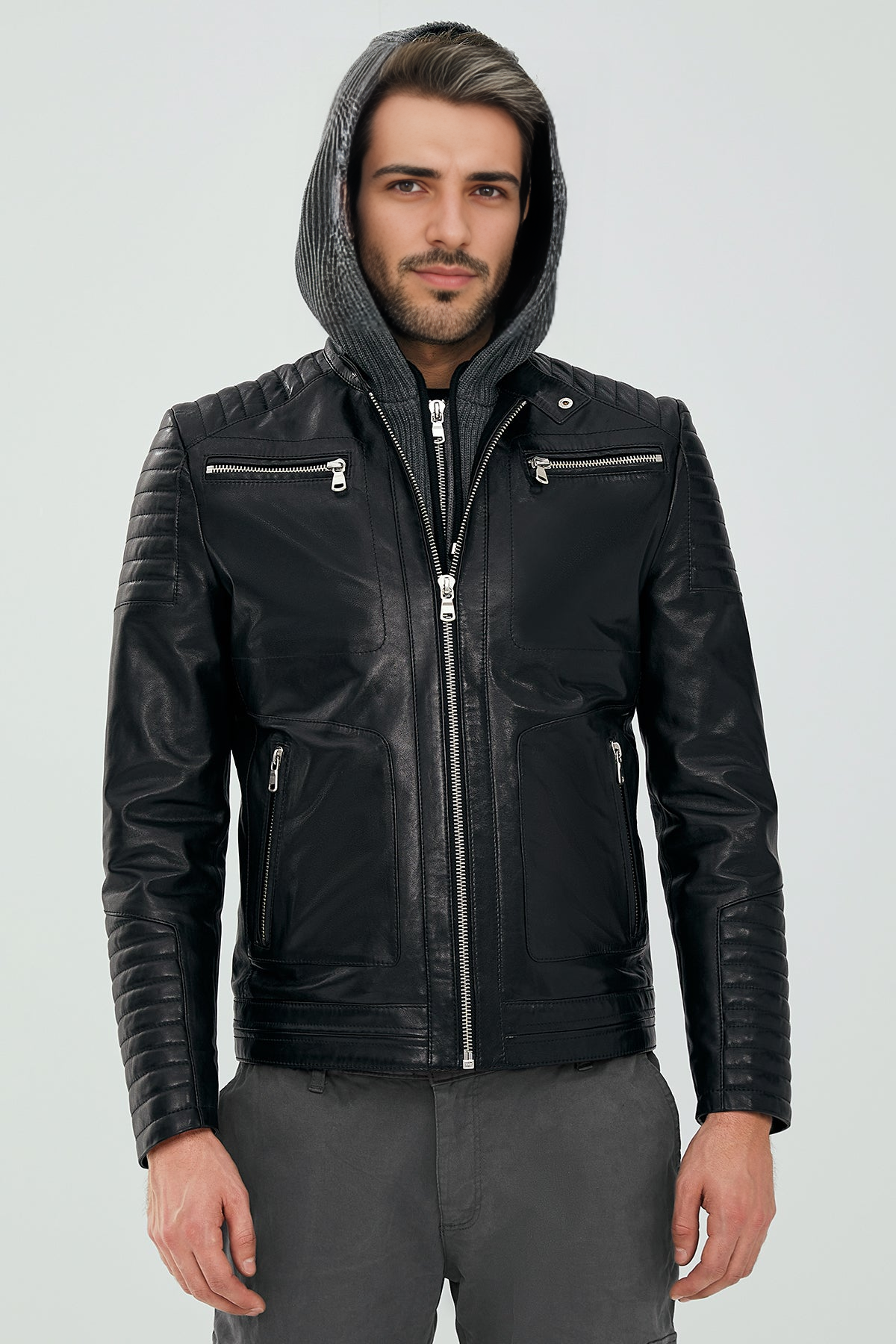 Carlos Black Hooded Sport Leather Jacket For Men