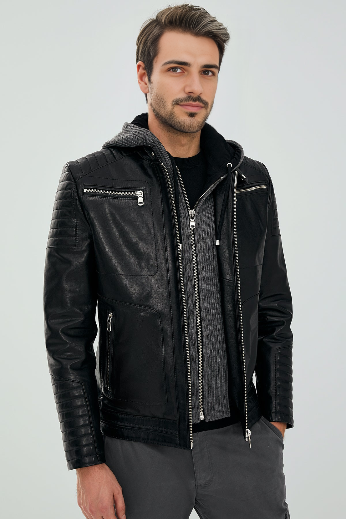 Carlos Black Hooded Sport Leather Jacket For Men