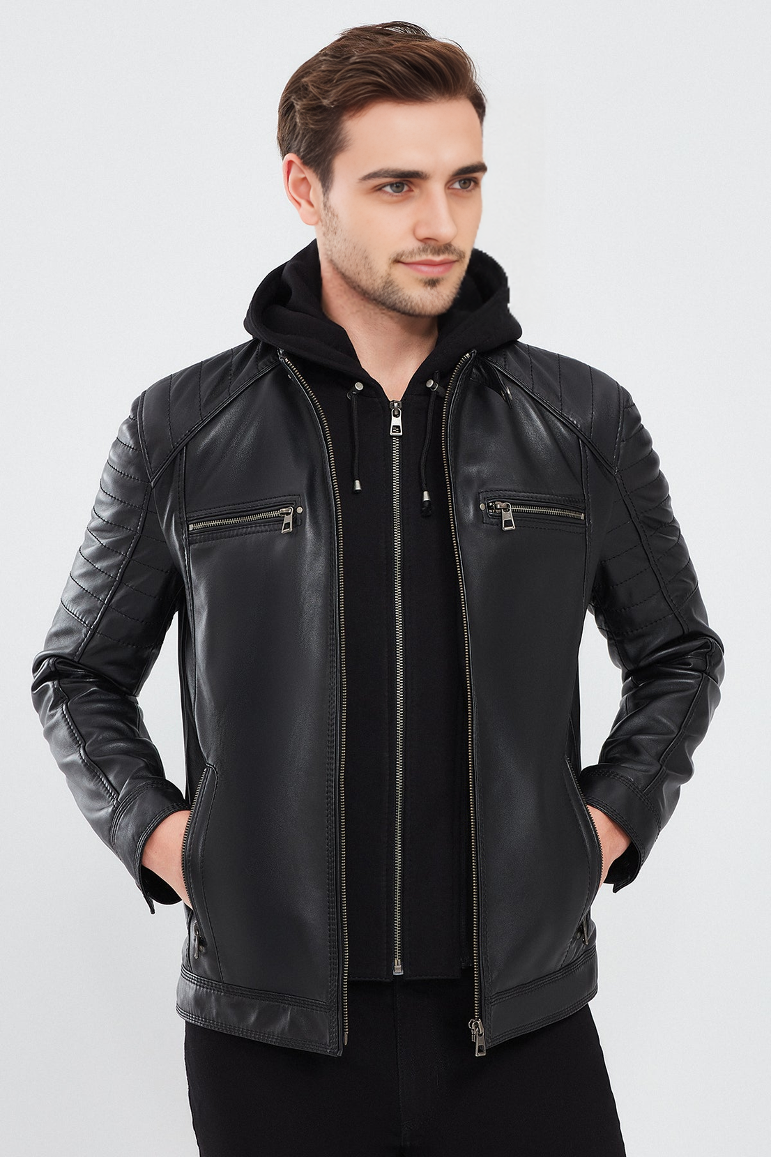Sergio Black Hooded Sports Leather Jacket For Men