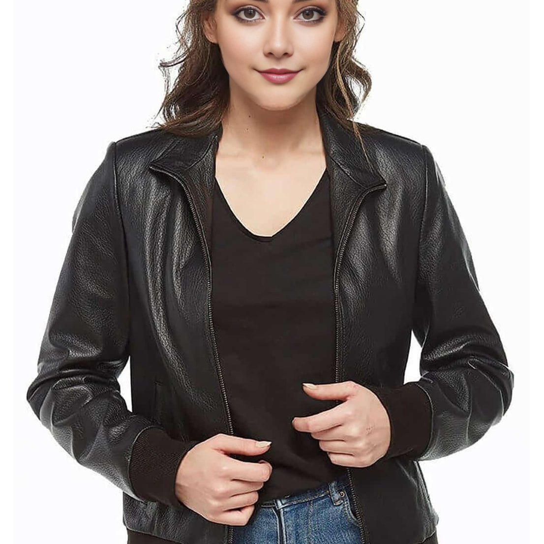 Deborah Black Bomber Leather Jacket For Women