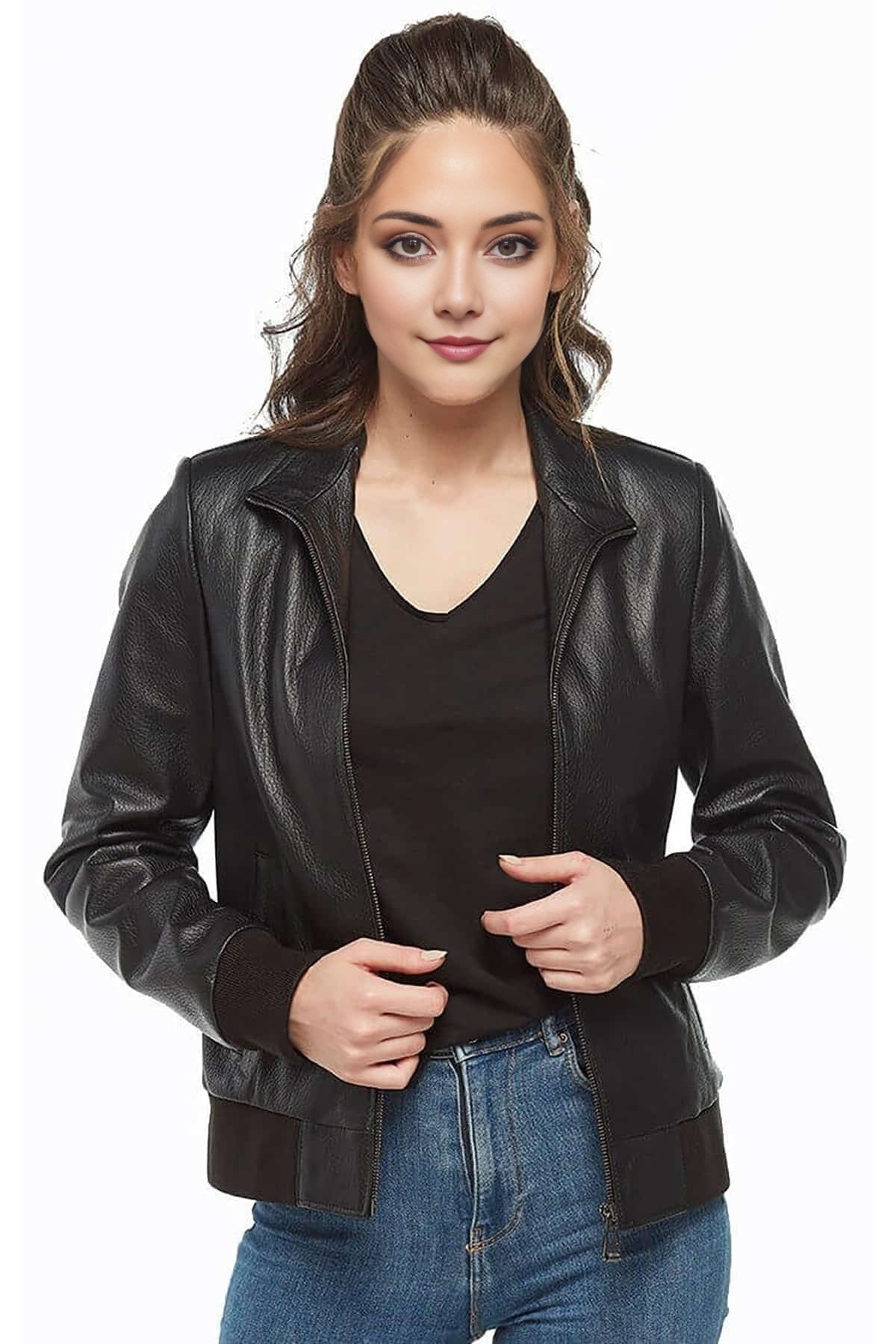 Deborah Black Bomber Leather Jacket For Women