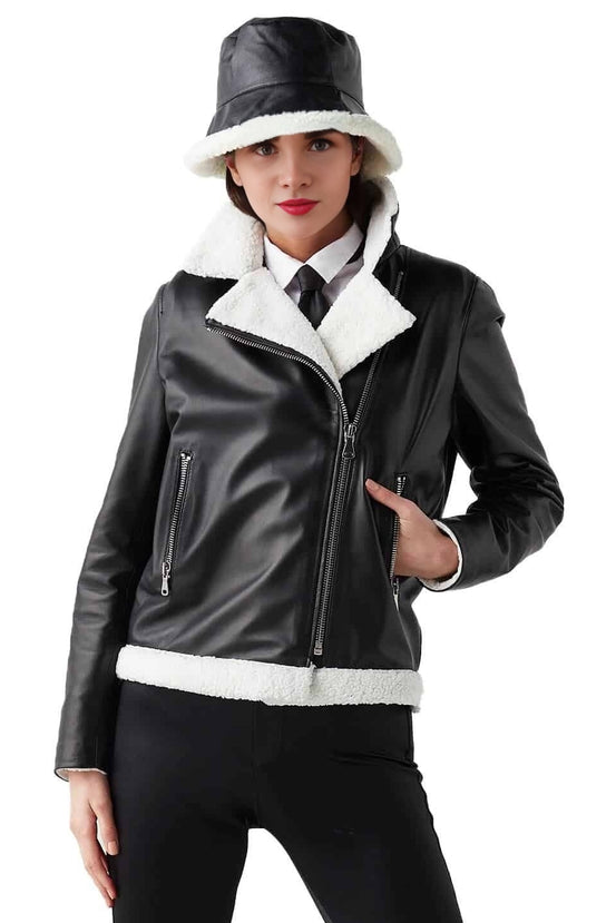 Annie Black Leather Jacket With White Fur For Women