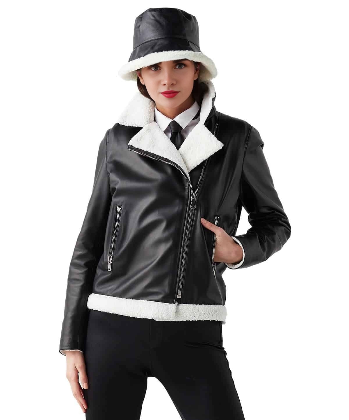 Annie Black Leather Jacket With White Fur For Women