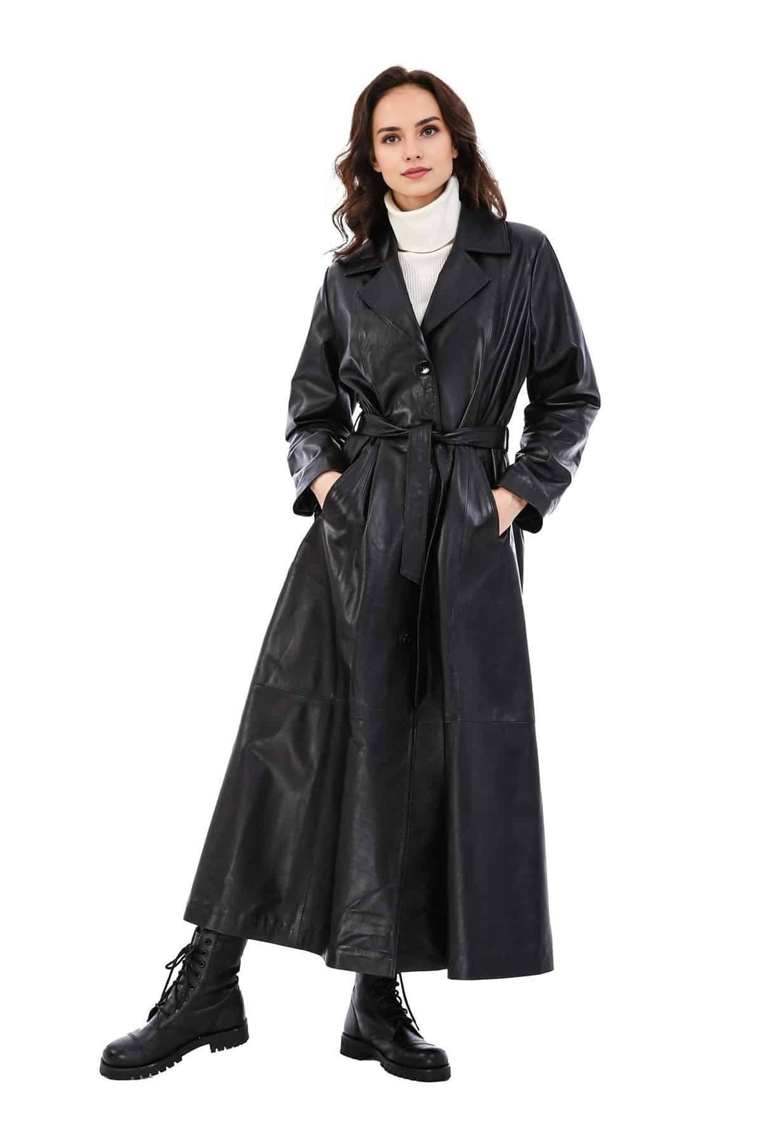 Jacqueline Black Long Trench Trending Leather Coat For Women