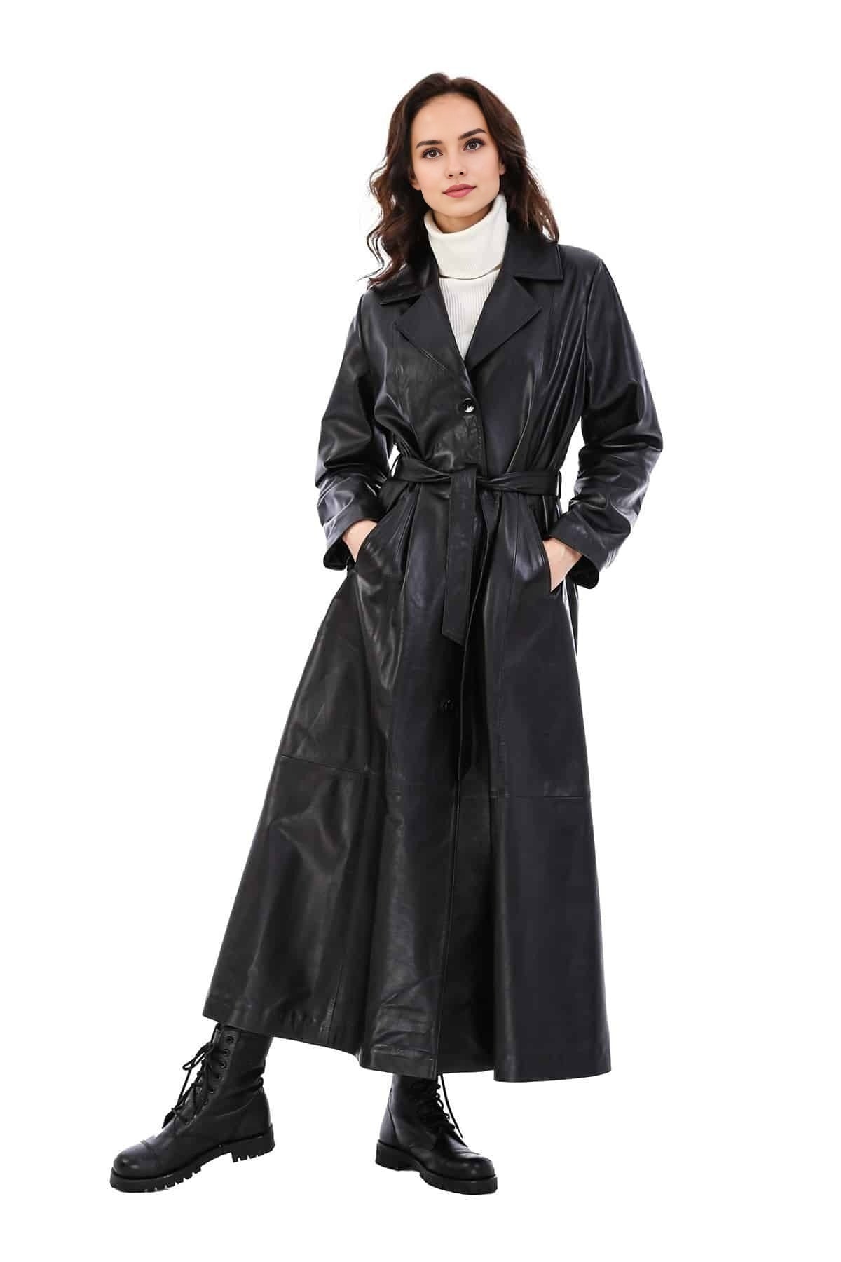 Jacqueline Black Long Trench Trending Leather Coat For Women