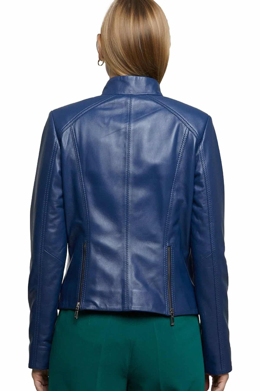 Grace Blue Biker Leather Jacket  For Women
