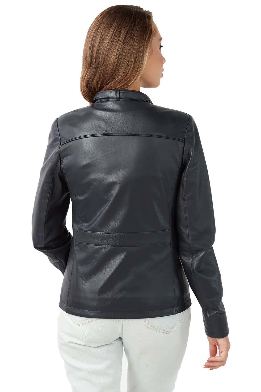 Megan Navy Blue Slim Fit Leather Jacket For Women