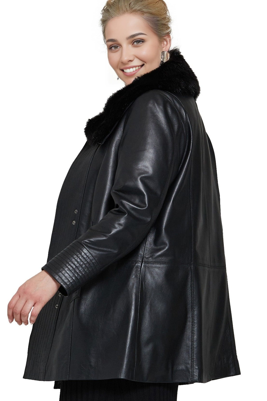Michelle Black Trench Leather Coat For Women With Fur Collar