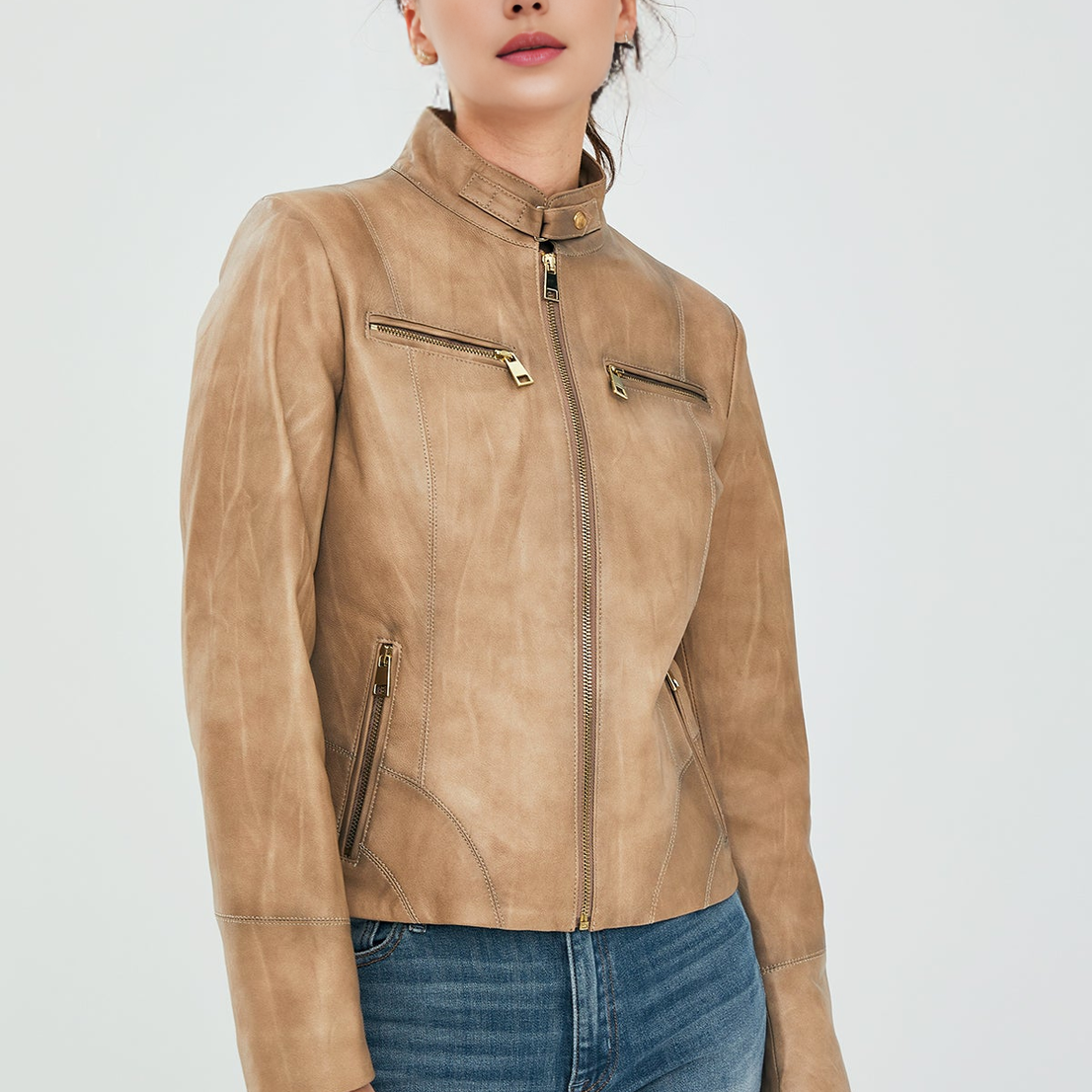 Alicia Beige Short Leather Jacket For Women
