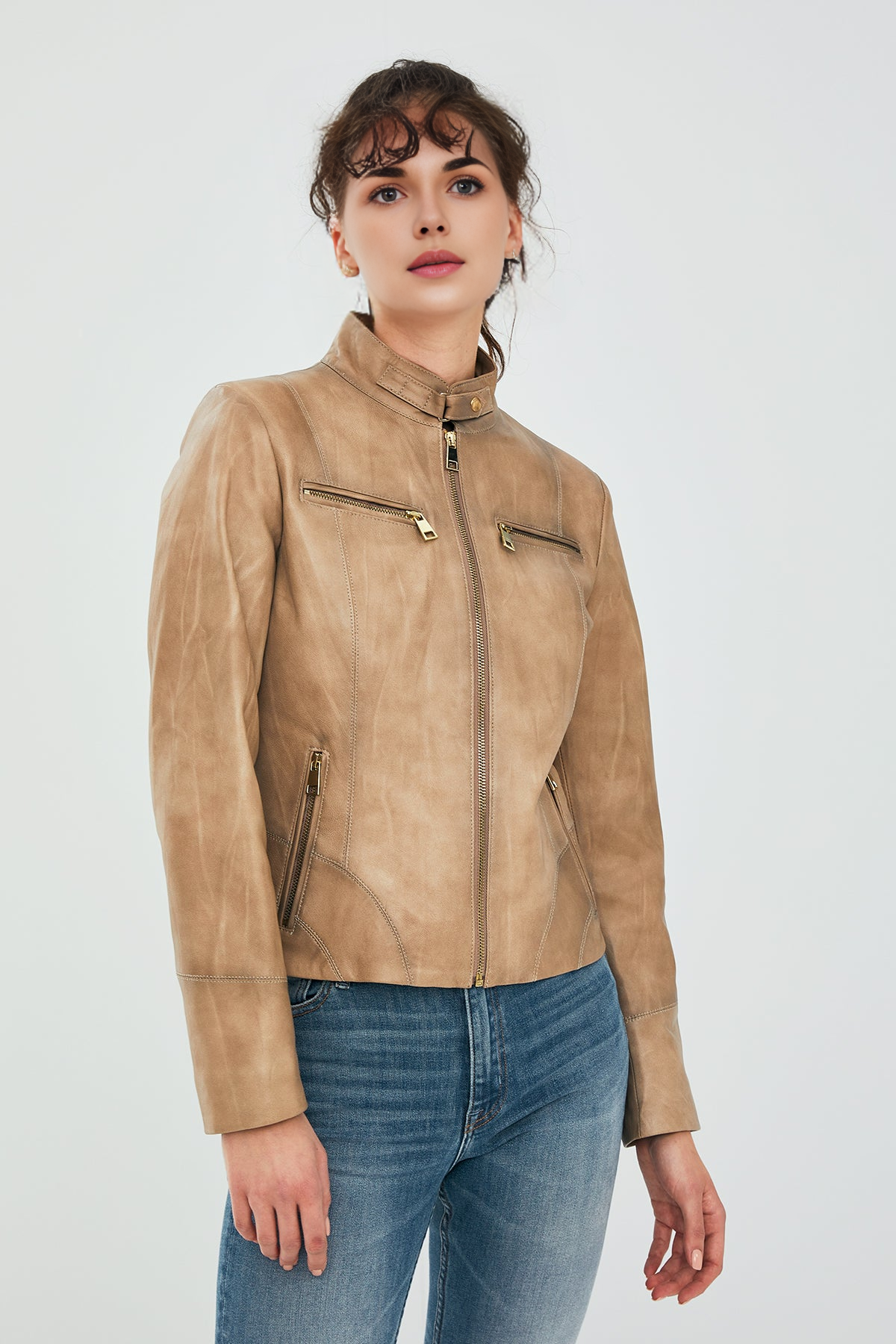 Alicia Beige Short Leather Jacket For Women