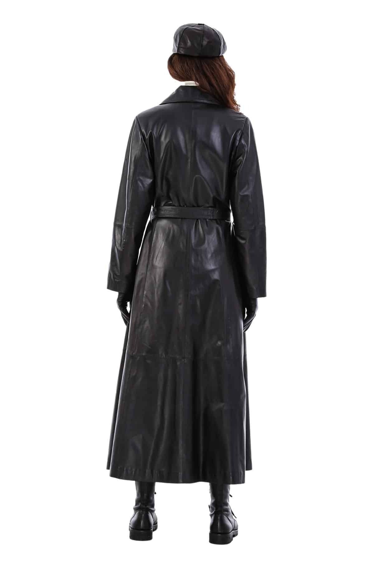 Jacqueline Black Long Trench Trending Leather Coat For Women