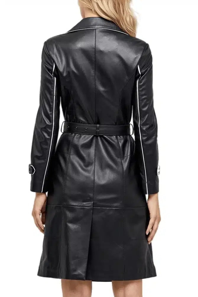 Sharon Black Stylish Leather Coat With Center Belted