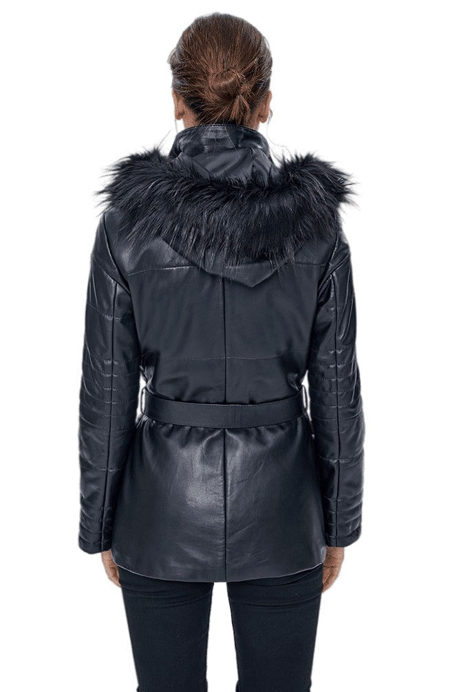 Angela Black Leather Fur Collar Short Belted Trench Coat For Women