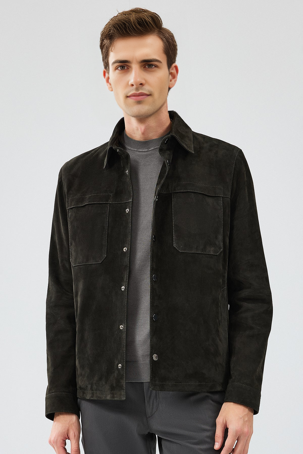 Anthracite Shirt Collar Suede Leather Jacket For Men