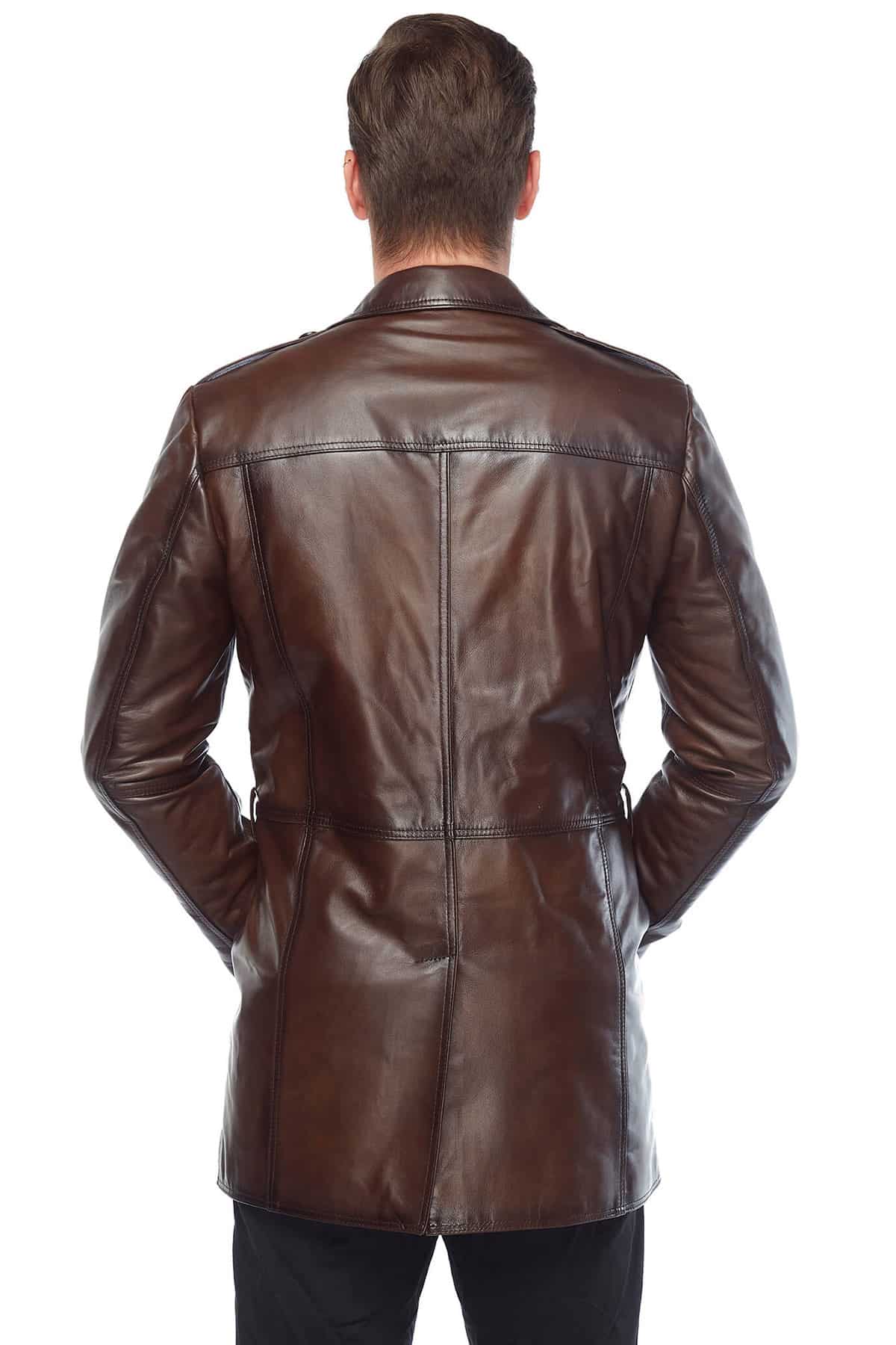 Nathan Brown Trench Leather Coat For Men