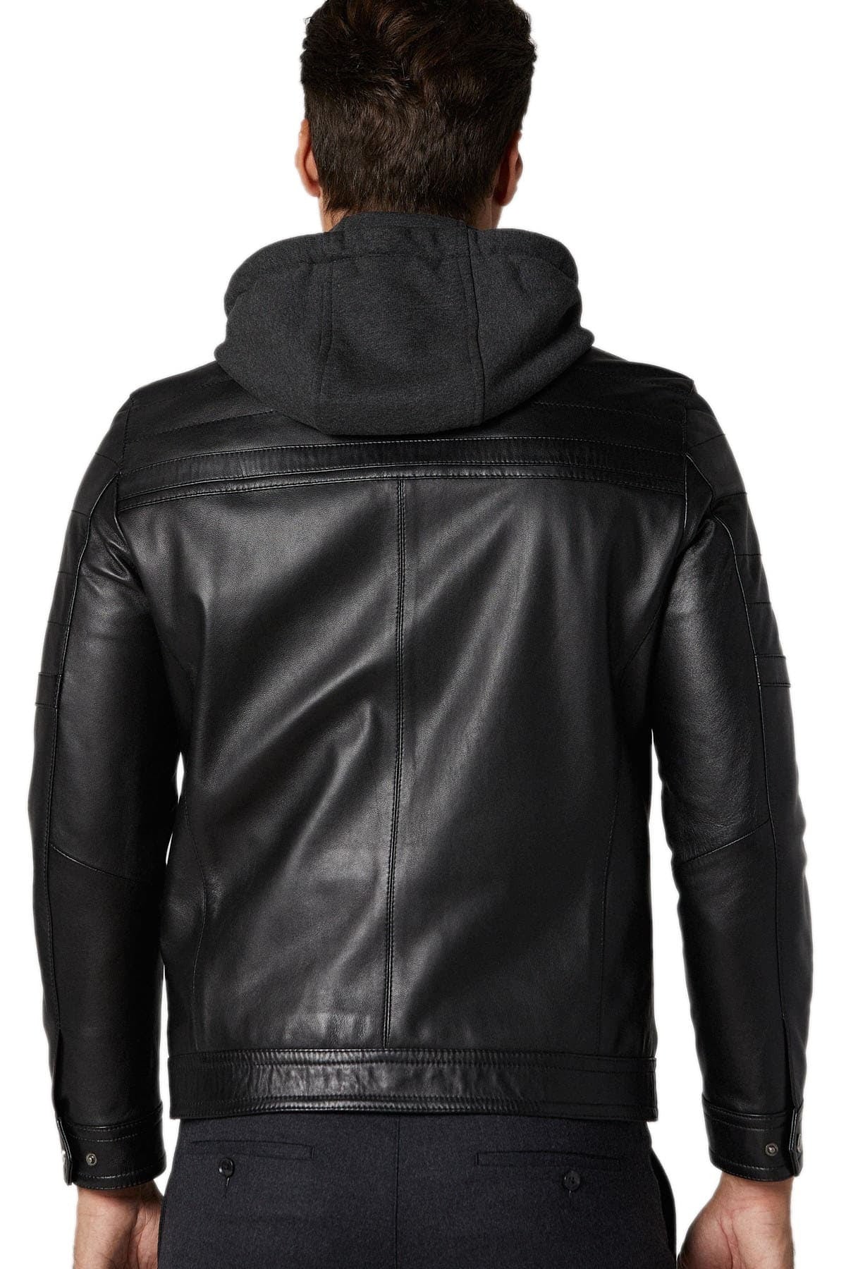 Walter Black Hooded Leather Jacket For Men