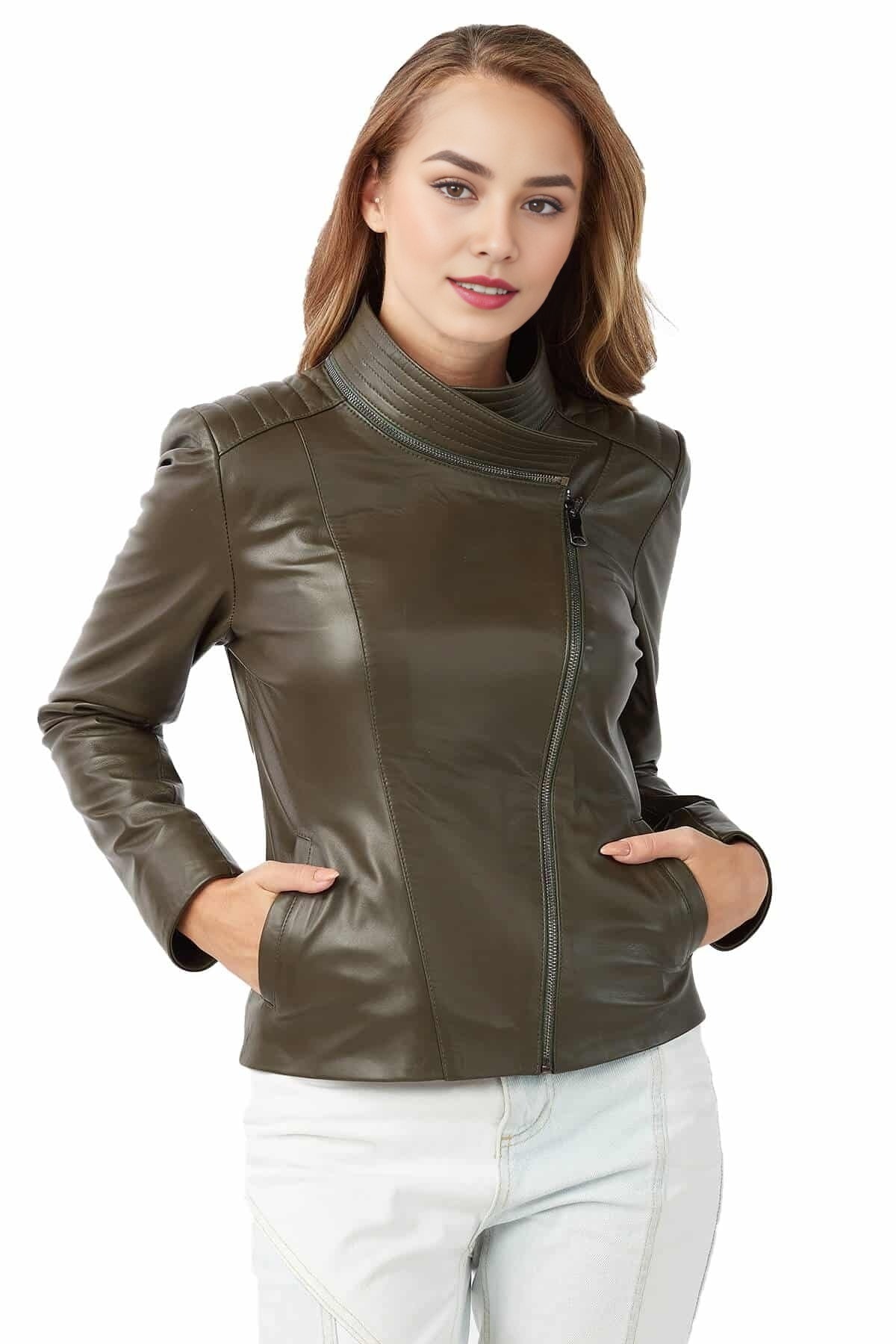 Reagan Green Biker Stylish Leather Jacket or Women