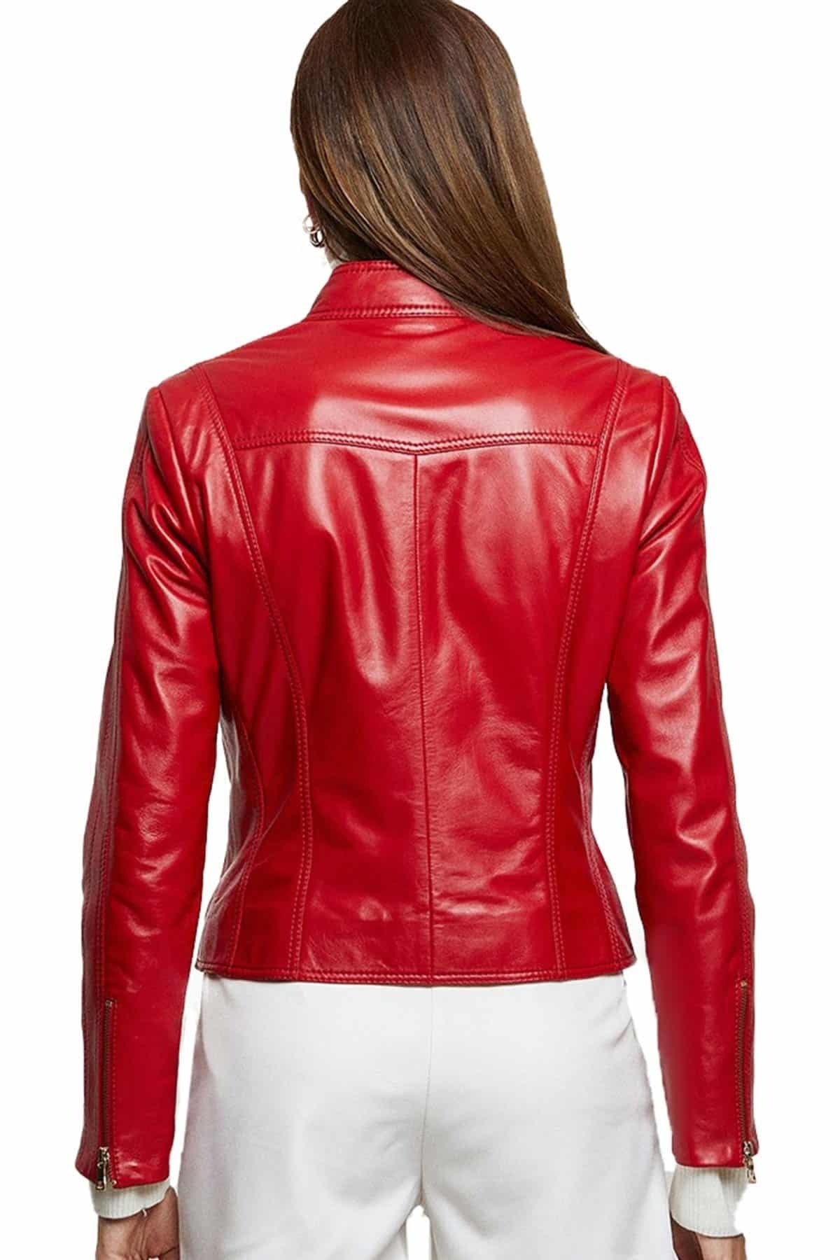 Mary Red Cafe Rider Leather Jacket For Women