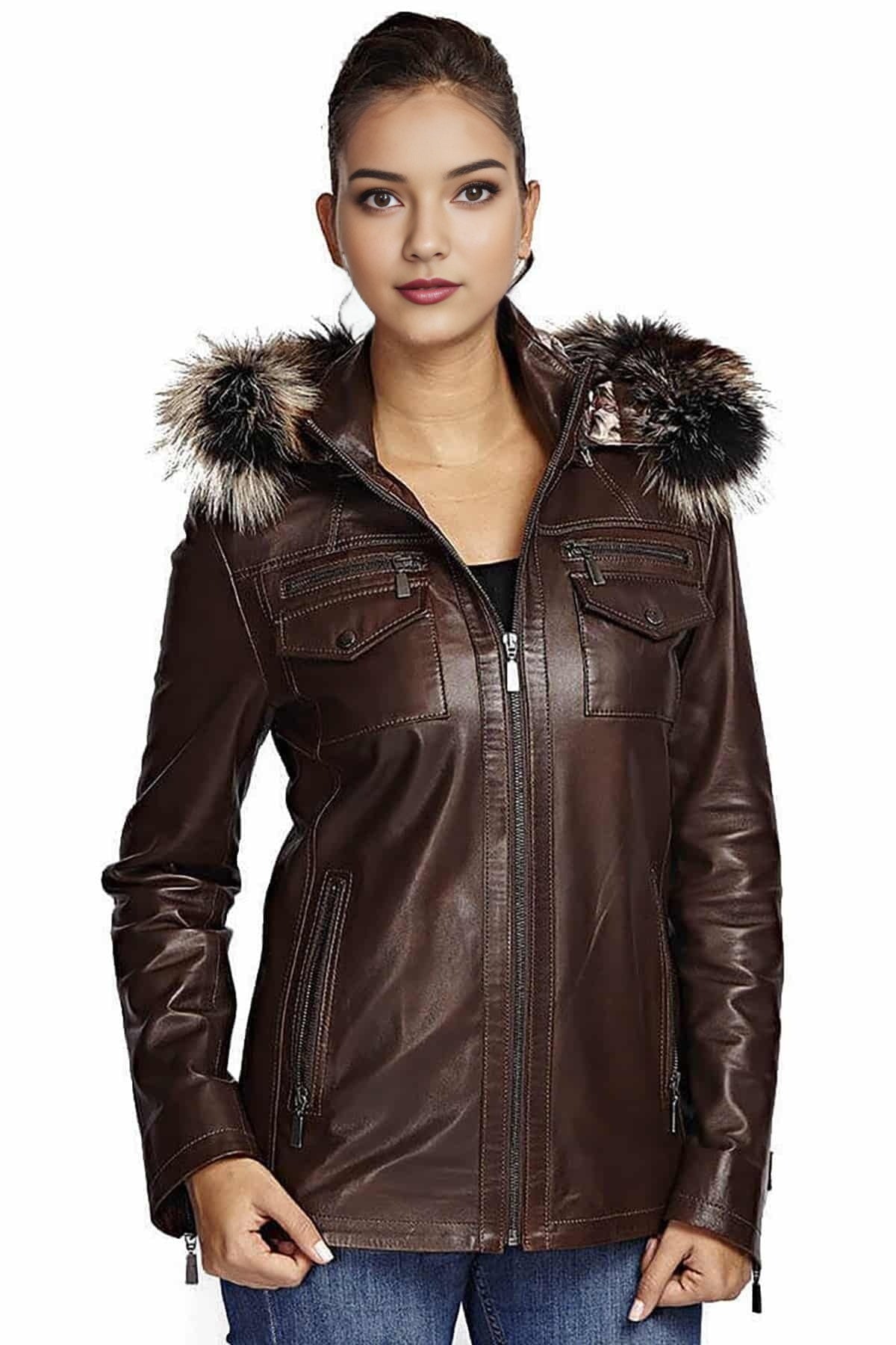 Acacia Dark Brown Fur Hood Leather Jacket For Women