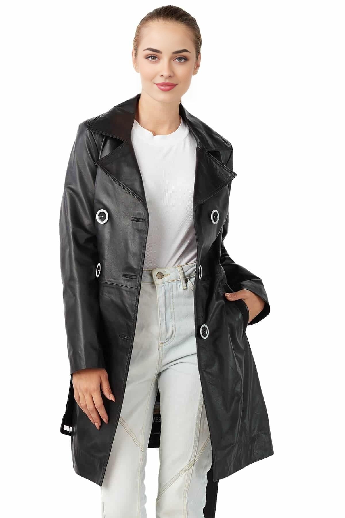 Eliza Black Leather Coat For Women