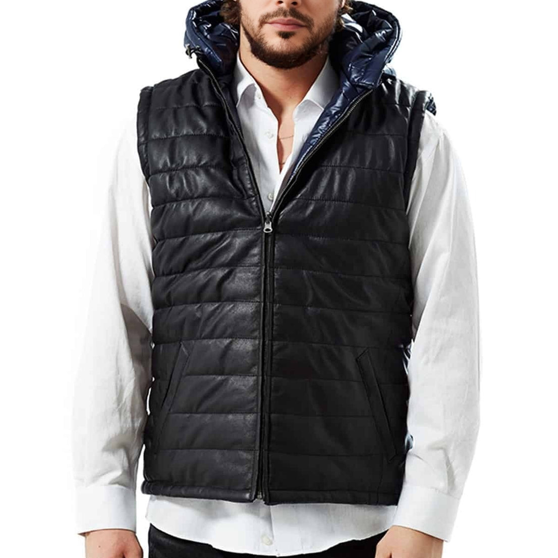 John Navy Blue Hooded Leather Vest For Men