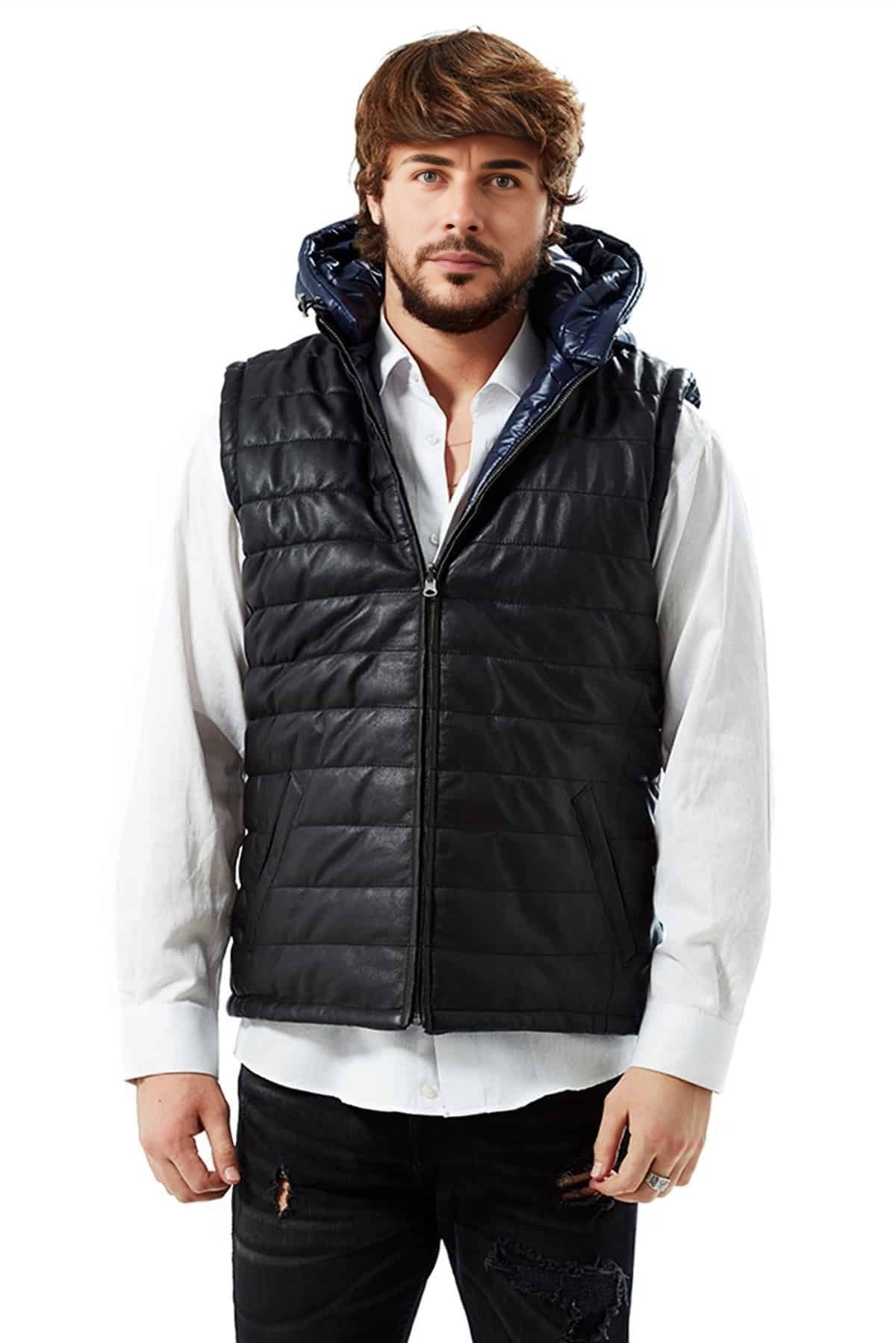 John Navy Blue Hooded Leather Vest For Men