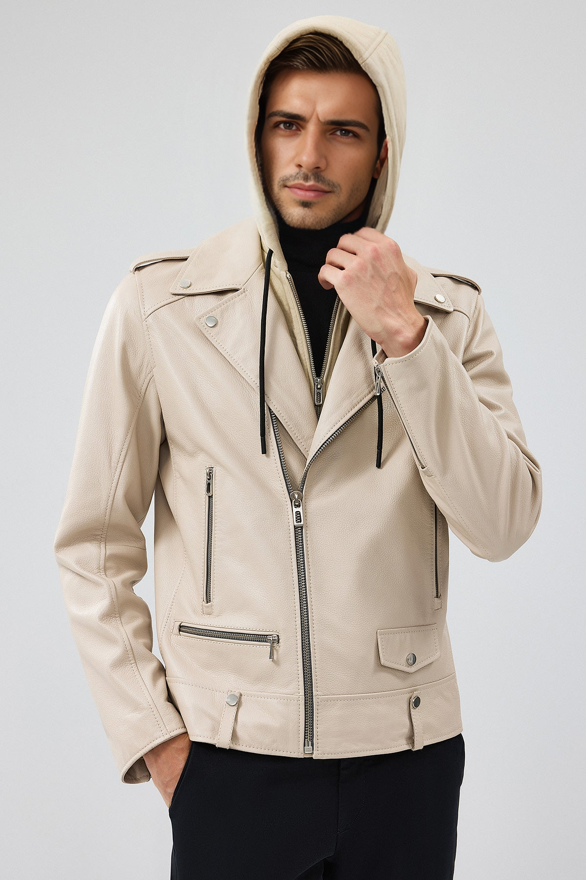 Beige Hooded Biker Leather Jacket for Men