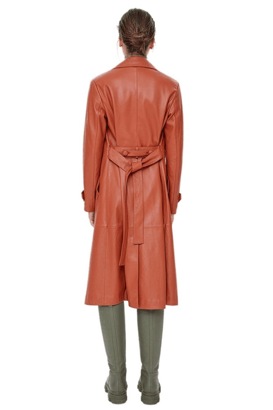 Londyn Orange Long Trench Leather Coat For Women