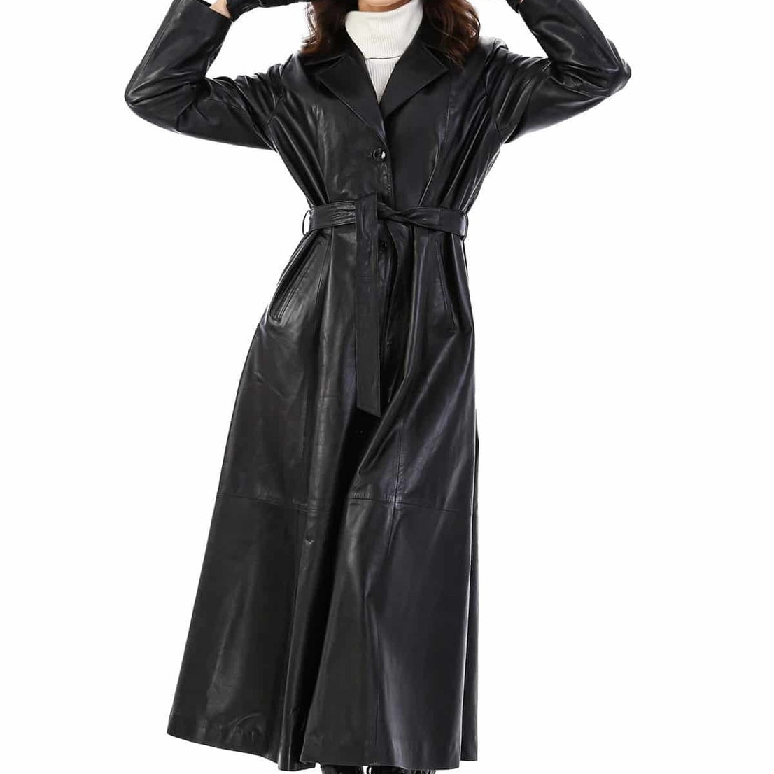 Jacqueline Black Long Trench Trending Leather Coat For Women