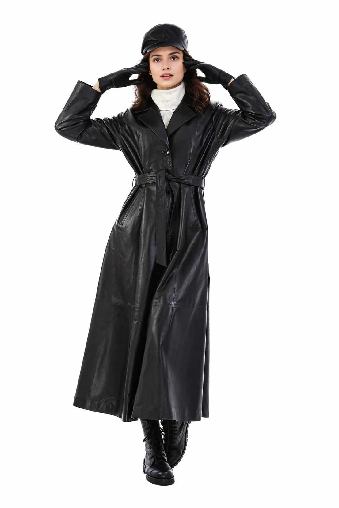 Jacqueline Black Long Trench Trending Leather Coat For Women